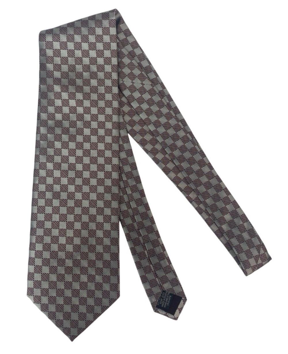 SOUVENIR MENS TIE Maroon Gray Squares NWT 100% Silk 55”x4”